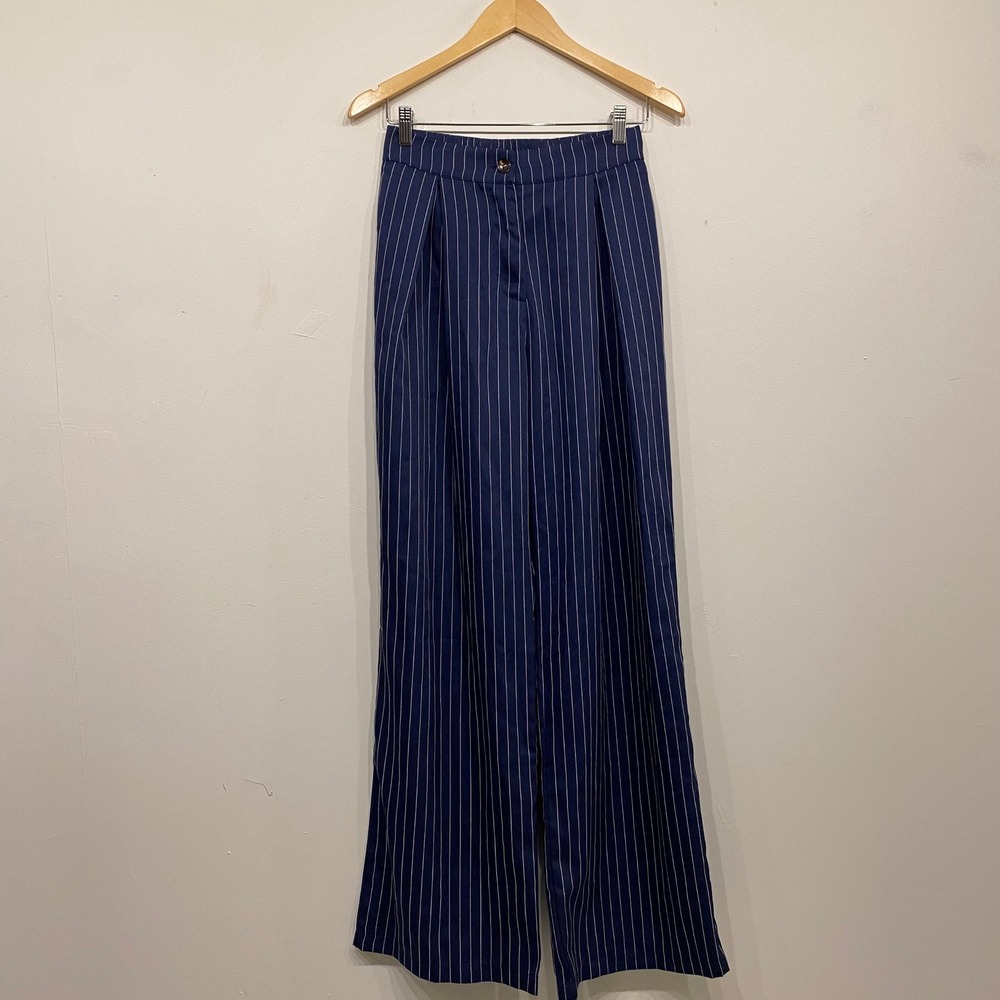 All The Ways Amber Pant Navy Blue Pinstripe Wide Leg Pleated Trousers Small